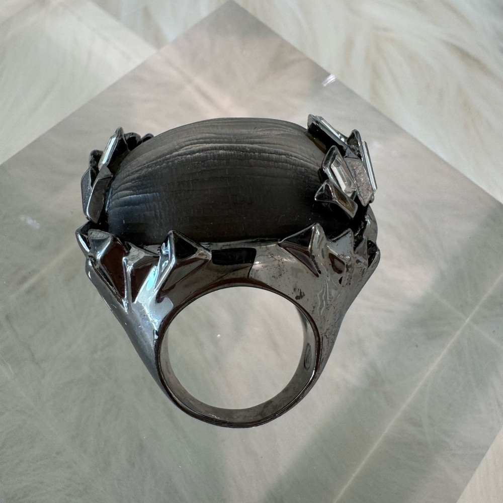 Chunky Pewter-toned Cocktail Ring with Crystals - Size 7